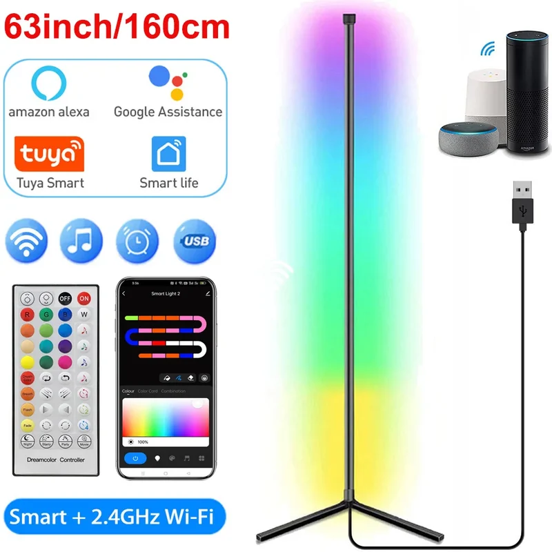 RGB Eck-Stehlampe mit Fernbedienung und Dimmfunktion für Wohnzimmer und Streaming