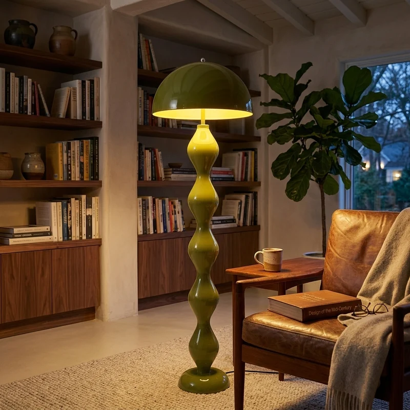 Pilzförmige Stehleuchte aus Glas und Holz für nordisches Wohnzimmer
