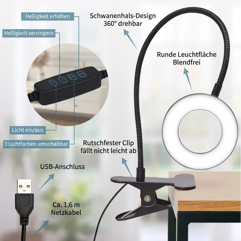 Flexible LED Klemm-Schreibtischlampe mit Dimmfunktion für Büro und Leseecke