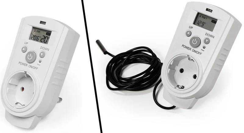 Steckdosen-Thermostat mit LC-Display und mit und ohne Außenfühler, 230V/16A, Temperaturregelung +5 °C bis +30 °C