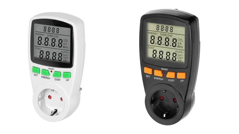 Eintarif-Leistungsmesser mit LCD-Display und eingebauter Batterie, Schuko, Weiß/Schwarz