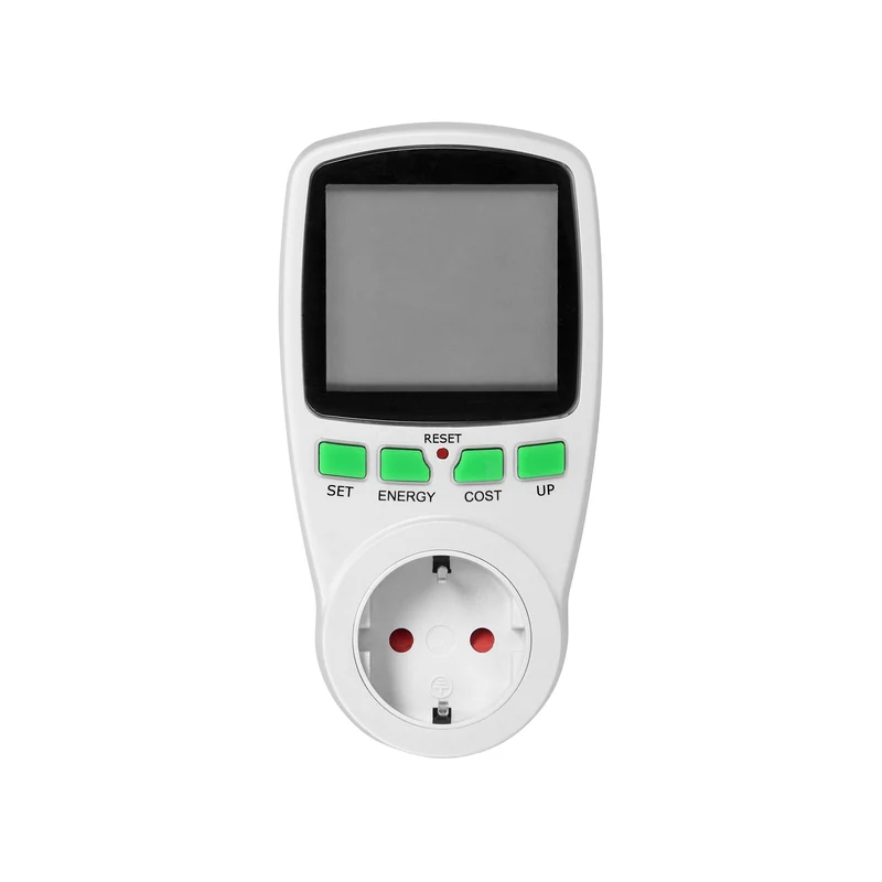 Eintarif-Leistungsmesser mit LCD-Display und eingebauter Batterie, Schuko, Weiß/Schwarz