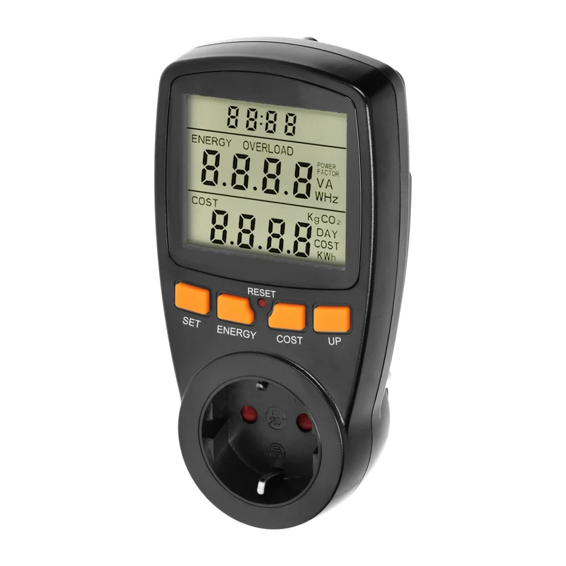 Eintarif-Leistungsmesser mit LCD-Display und eingebauter Batterie, Schuko, Weiß/Schwarz