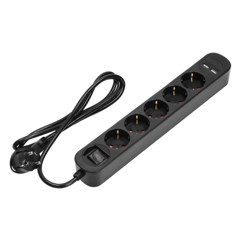 Steckdosenleiste 5-fach, 2 USB-Ladegeräte, 1,5m Kabel, Schwarz