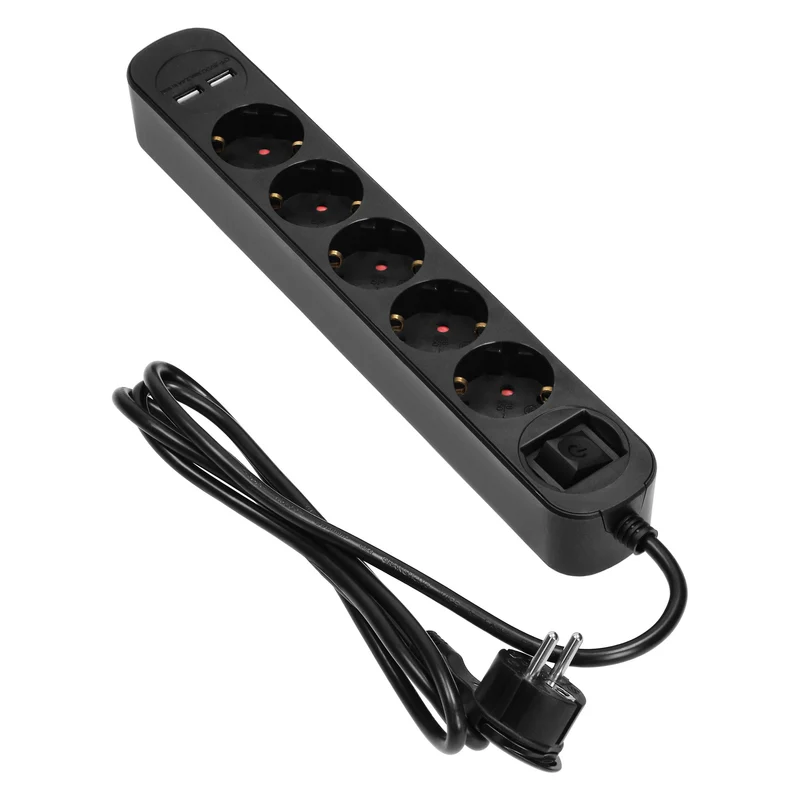 Steckdosenleiste 5-fach, 2 USB-Ladegeräte, 1,5m Kabel, Schwarz