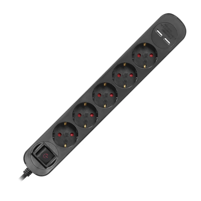 Steckdosenleiste 5-fach, 2 USB-Ladegeräte, 1,5m Kabel, Schwarz