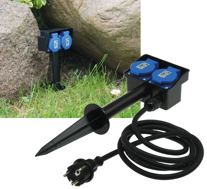 Elegante Gartensteckdose mit Erdspieß, 2-fach oder 4-fach, 2m oder 10m Kabel, IP44, 230V