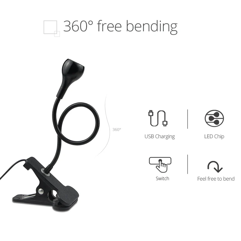 Flexible USB LED Klemm-Leselampe aus Aluminium für Nachttisch und Schreibtisch