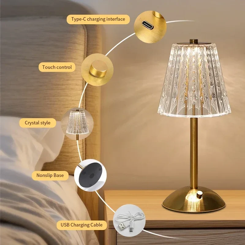 Kristall LED Tischlampe mit Touch-Dimmer in Gold für Hotel und Nachttisch
