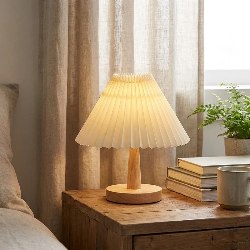 Nordische Falten-Tischlampe mit Holzsockel für Schlafzimmer und Café
