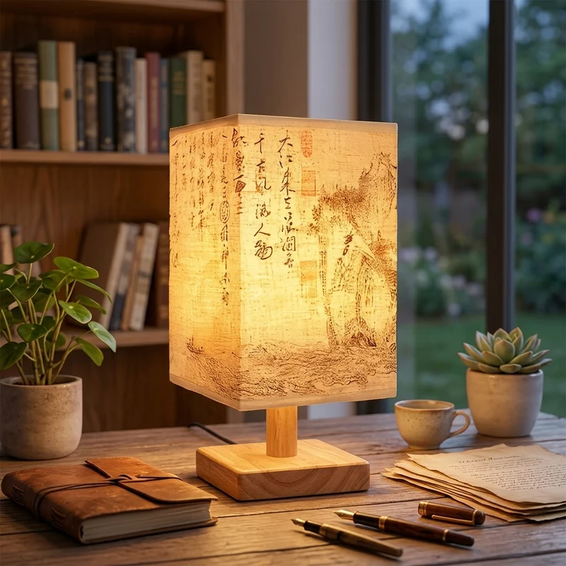 Tischlampe aus Stoff und Holz dimmbar für Schlafzimmer und Hotel
