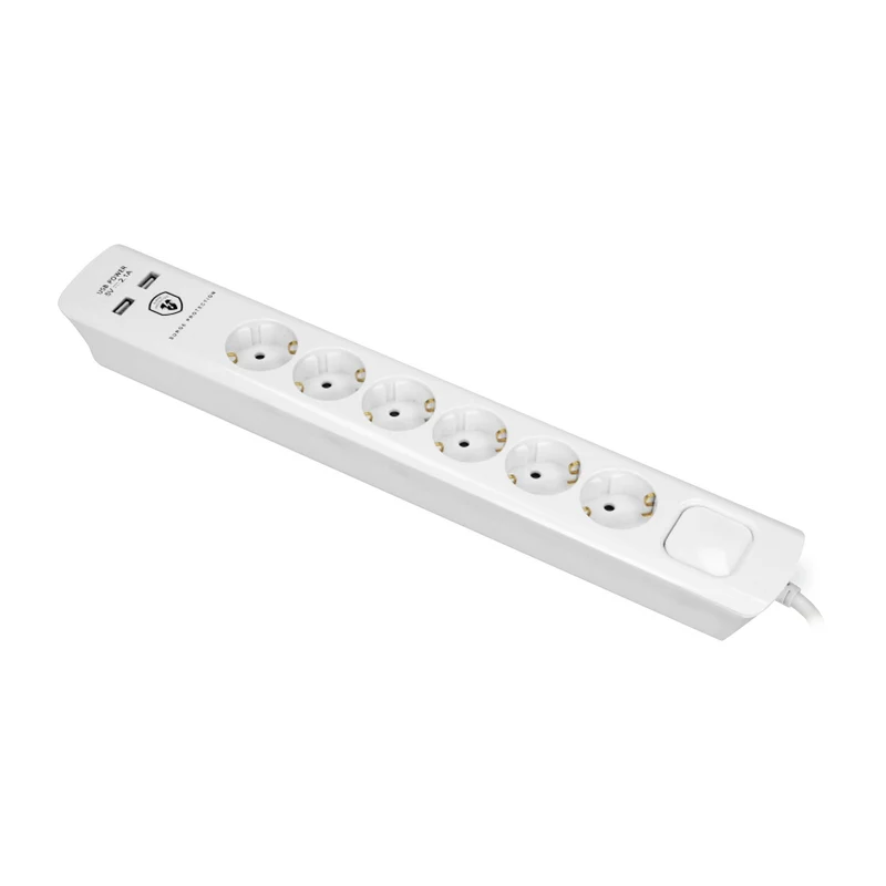 Hochwertige Steckdosenleiste, 6 Schuko-Steckdosen, 2x USB, 3m Kabel