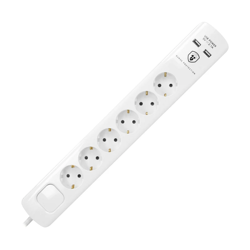 Hochwertige Steckdosenleiste, 6 Schuko-Steckdosen, 2x USB, 3m Kabel