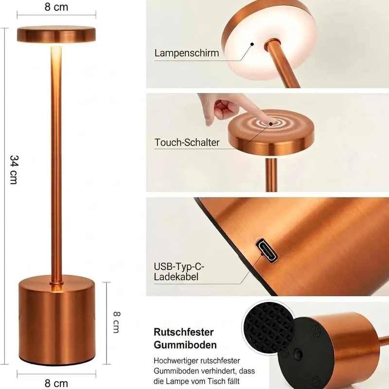 Kabellose Akku-Tischlampe aus Metall für Restaurant und Hotel dimmbar