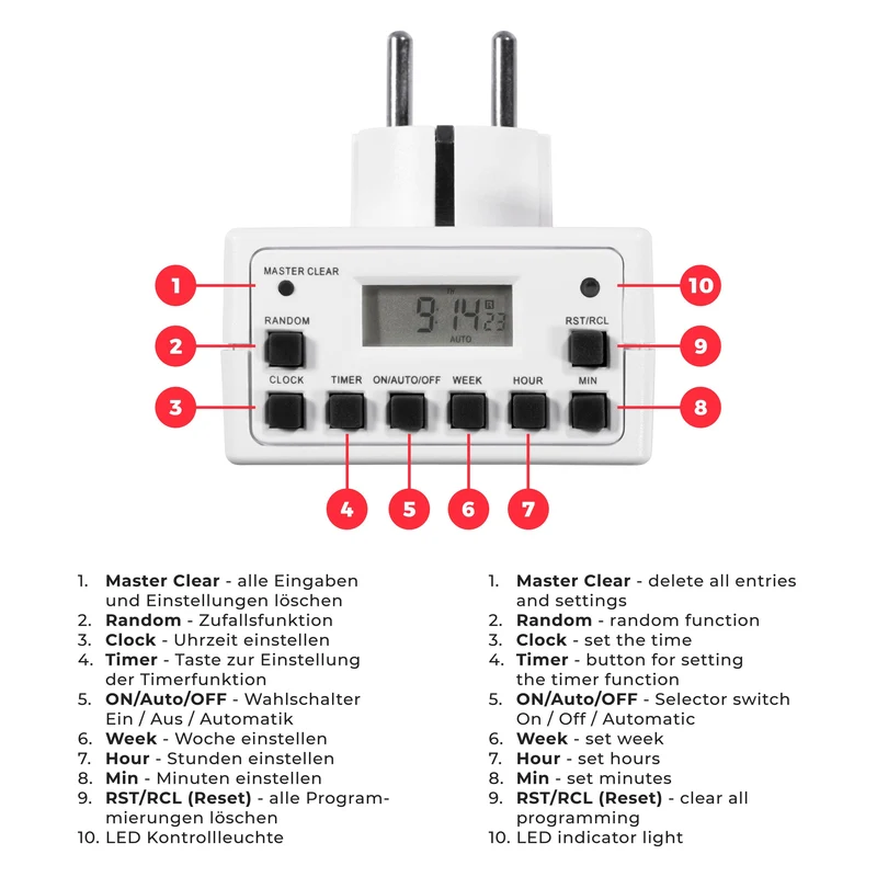 Digitale Zeitschaltuhr – 10 Programme, 16 Wochentagskombinationen, Back-up-Akku