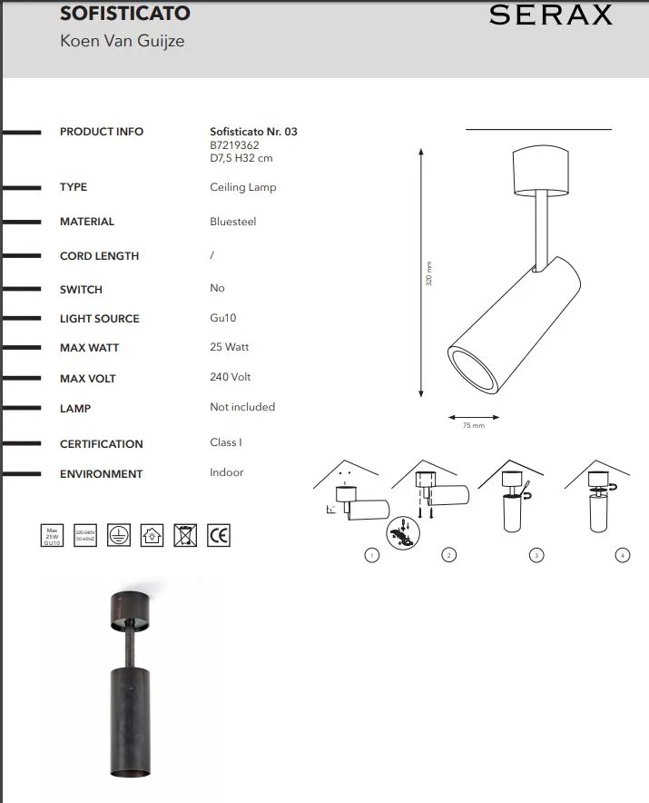 Ceiling Spotlight Nr.03 SOFISTICATO Blaustahl D 7.5 H 32