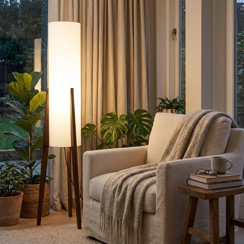 Skandinavische Stehlampe aus Massivholz mit Stoffschirm für Wohnzimmer