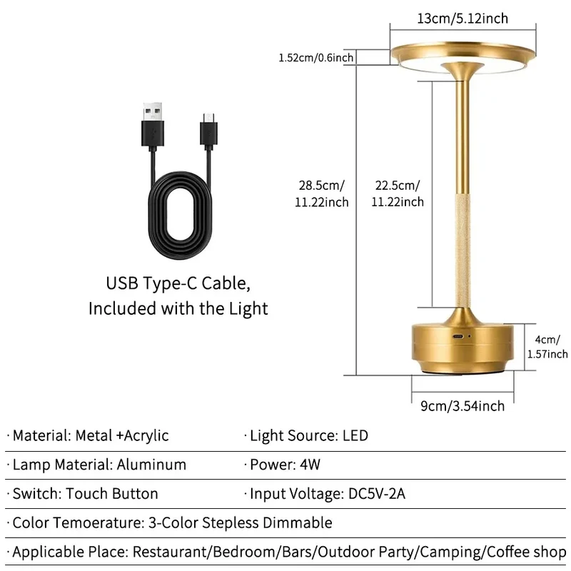 Retro Akku-Tischlampe aus Aluminium mit Touch-Dimmer für Café und Beistelltisch