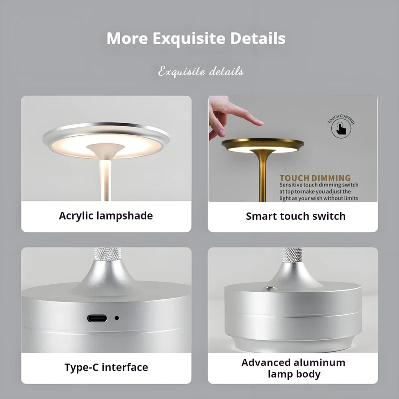 Retro Akku-Tischlampe aus Aluminium mit Touch-Dimmer für Café und Beistelltisch