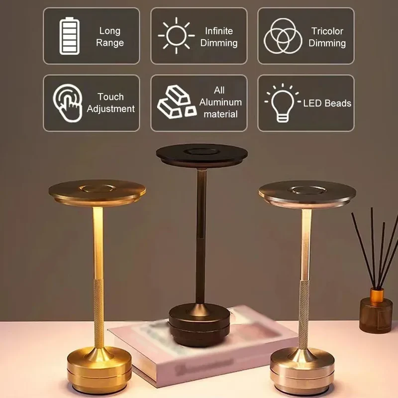 Retro Akku-Tischlampe aus Aluminium mit Touch-Dimmer für Café und Beistelltisch