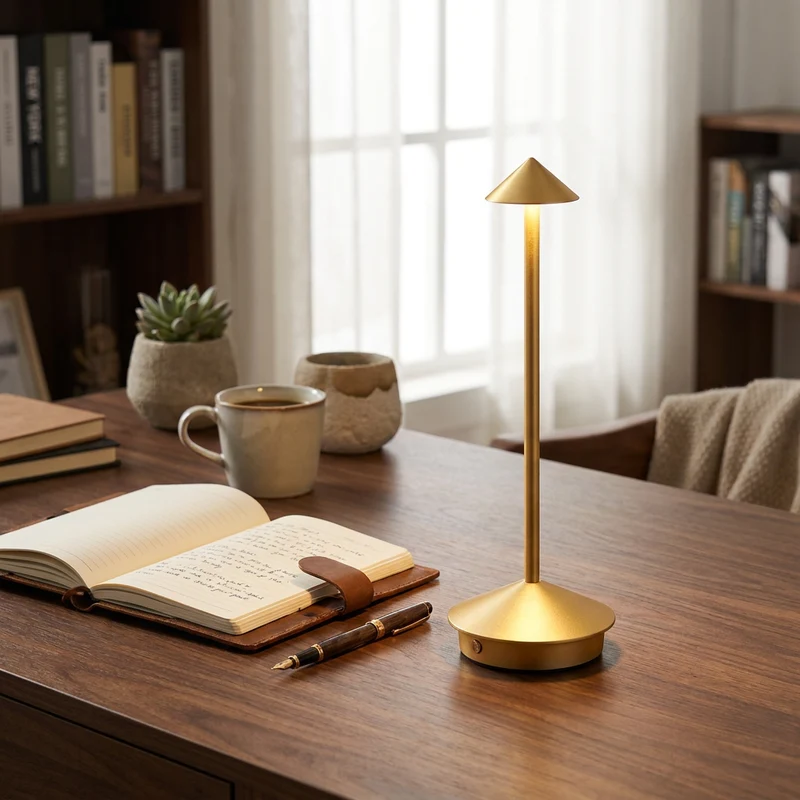 Aufladbare LED Tischlampe aus gebürstetem Aluminium für Café und Gastronomie