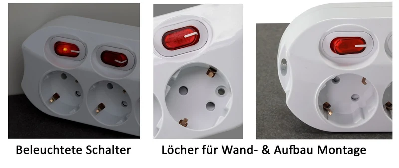 Hochwertige Steckdosenleisten mit Einstecksicherung, 3- oder 5-fach, Innenbereich, mit Ein-/Aus-Schalter