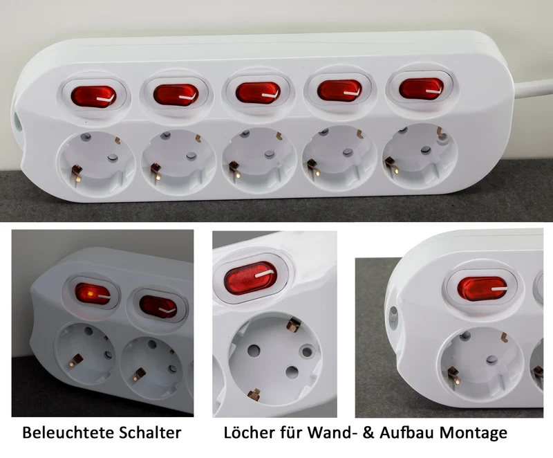 Hochwertige Steckdosenleisten mit Einstecksicherung, 3- oder 5-fach, Innenbereich, mit Ein-/Aus-Schalter