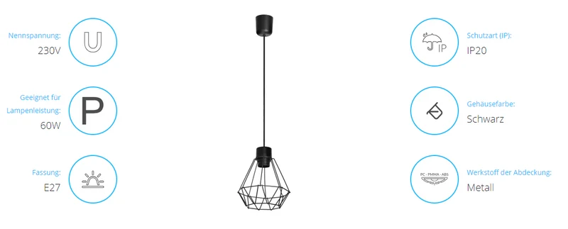 Elegante Pendelleuchte, E27, 60W, Metall, Schwarz, IP20, 790mm, Deckenmontage
