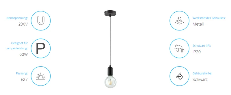 Elegante Pendelleuchte, E27, 60W, Metall, Schwarz, IP20, Deckenmontage, 100mm
