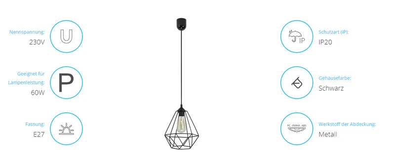 Elegante Pendelleuchte, Schwarz, E27, Max. 60W, 230V, IP20, Kunststoffgehäuse, Metallabdeckung