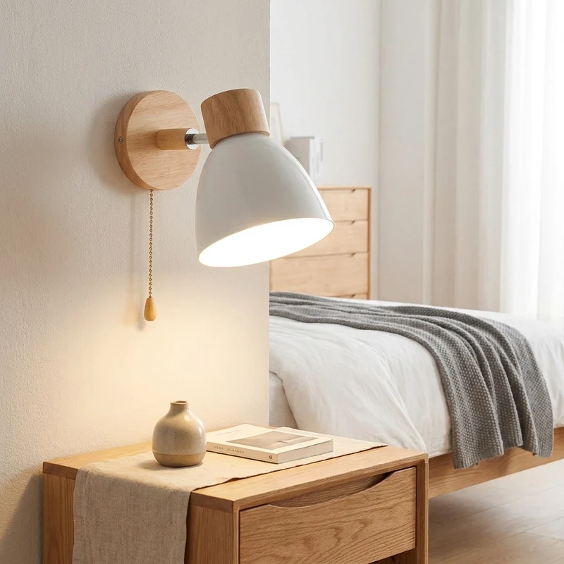 Nordische Holz Wandleuchte mit verstellbarem Kopf für Schlafzimmer und Wohnzimmer