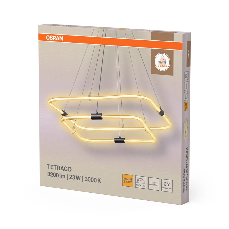 OSRAM DECOR Tetragon Pendelleuchte, 23W, 3000K, 2500lm, Warmweiß, Click DIM