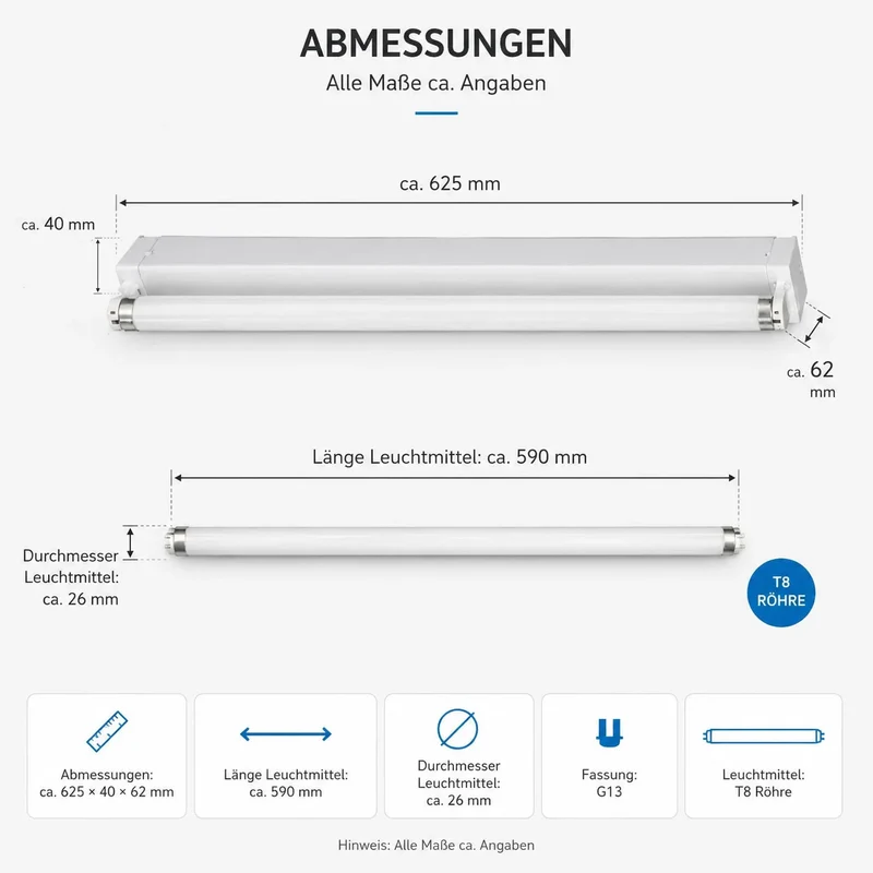 Freistrahlende Lichtleiste 18W T8 Leuchtstofflampe Neonlampe Deckenlampe Werkstattlampe 63cm