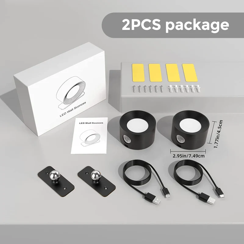 Moderne Drehbare Wiederaufladbare LED Wandleuchte für Schlafzimmer und Homeoffice