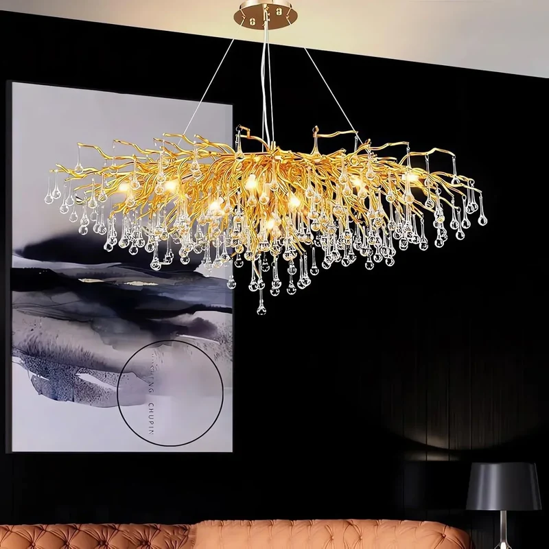 Luxus Rechteckiger Gold Kristall Kronleuchter für Modernes Esszimmer und Wohnzimmer