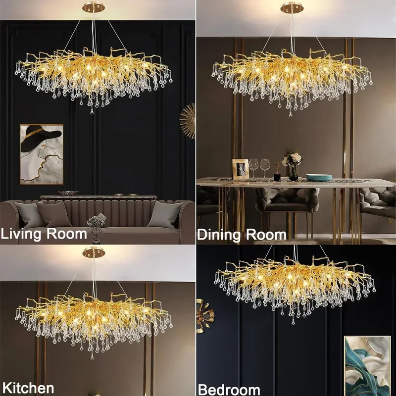 Luxus Rechteckiger Gold Kristall Kronleuchter für Modernes Esszimmer und Wohnzimmer