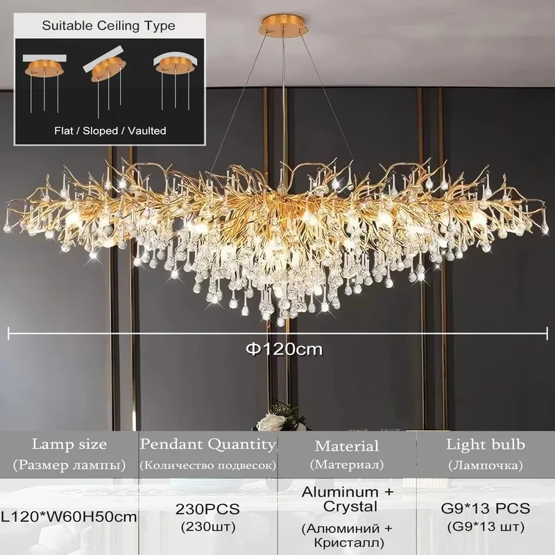 Luxus Rechteckiger Gold Kristall Kronleuchter für Modernes Esszimmer und Wohnzimmer