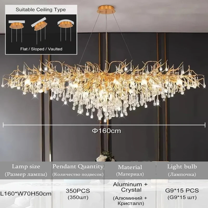 Luxus Rechteckiger Gold Kristall Kronleuchter für Modernes Esszimmer und Wohnzimmer