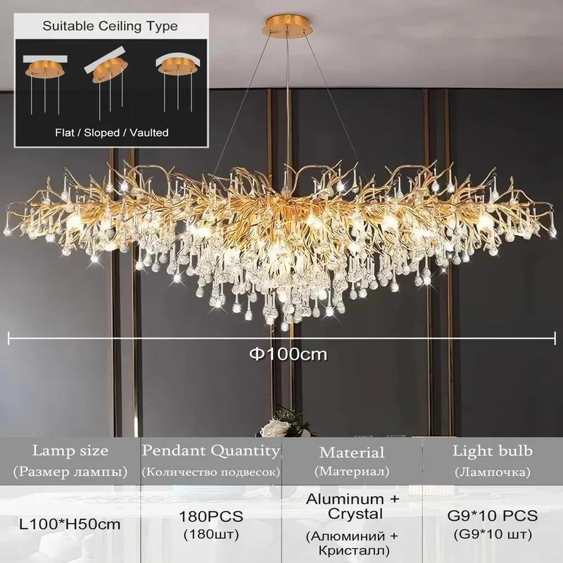 Luxus Rechteckiger Gold Kristall Kronleuchter für Modernes Esszimmer und Wohnzimmer