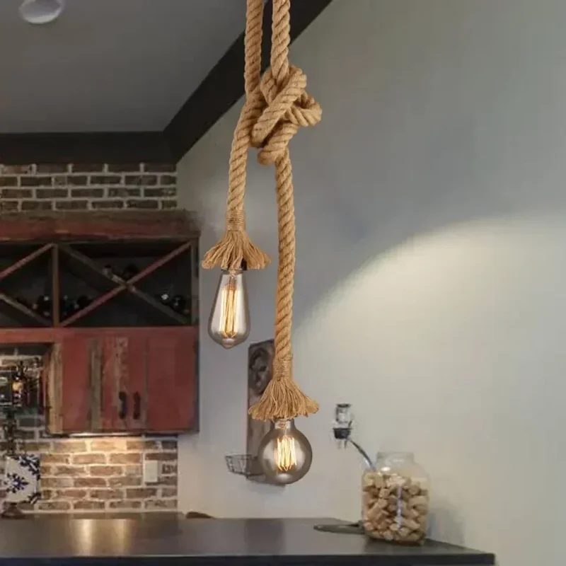 Vintage Hanfseil Pendelleuchte für Industrial Lofts und Bars