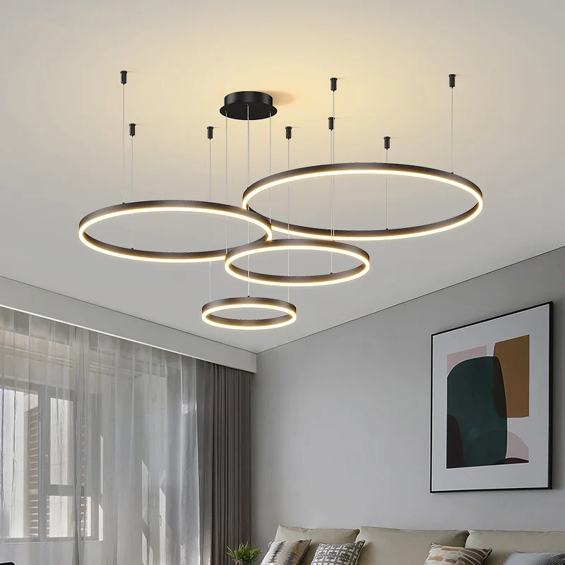 Moderner LED Ring Kronleuchter Gebürstetes Gold und Schwarz für Elegantes Esszimmer
