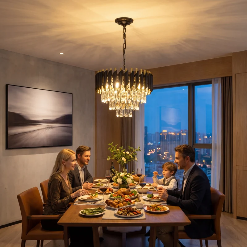 Moderner Schwarz Gold Kristall Kronleuchter für Elegantes Esszimmer und Wohnzimmer