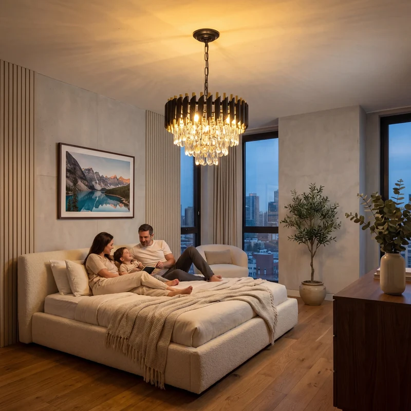 Moderner Schwarz Gold Kristall Kronleuchter für Elegantes Esszimmer und Wohnzimmer