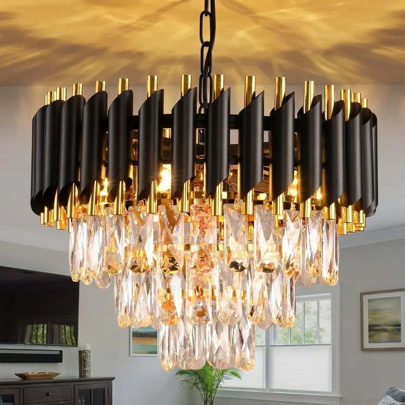 Moderner Schwarz Gold Kristall Kronleuchter für Elegantes Esszimmer und Wohnzimmer