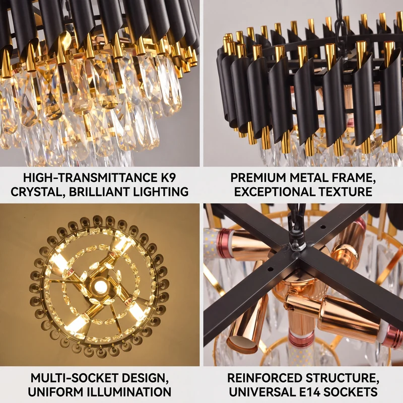 Moderner Schwarz Gold Kristall Kronleuchter für Elegantes Esszimmer und Wohnzimmer
