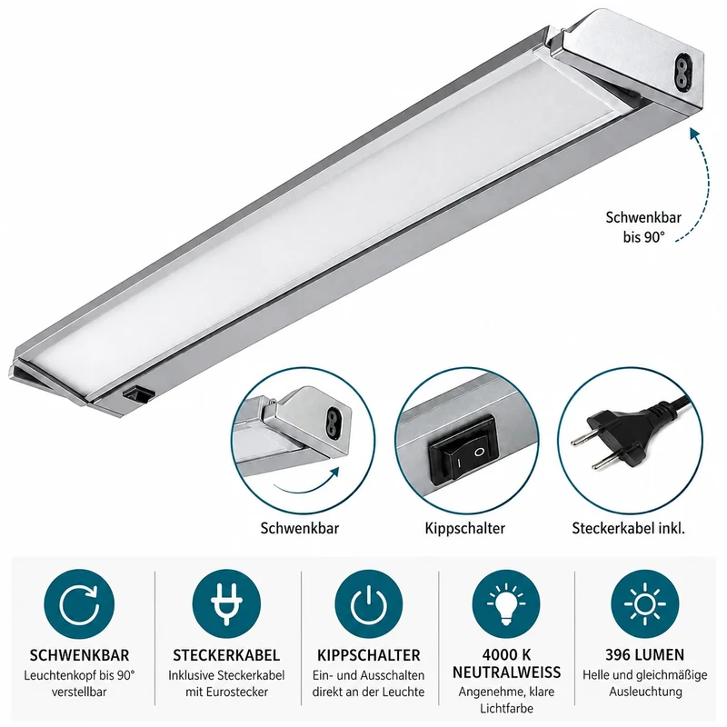 LED Unterbauleuchte 34 cm schwenkbar Aluminium mit Stecker & Kippschalter 4 W 4000 K