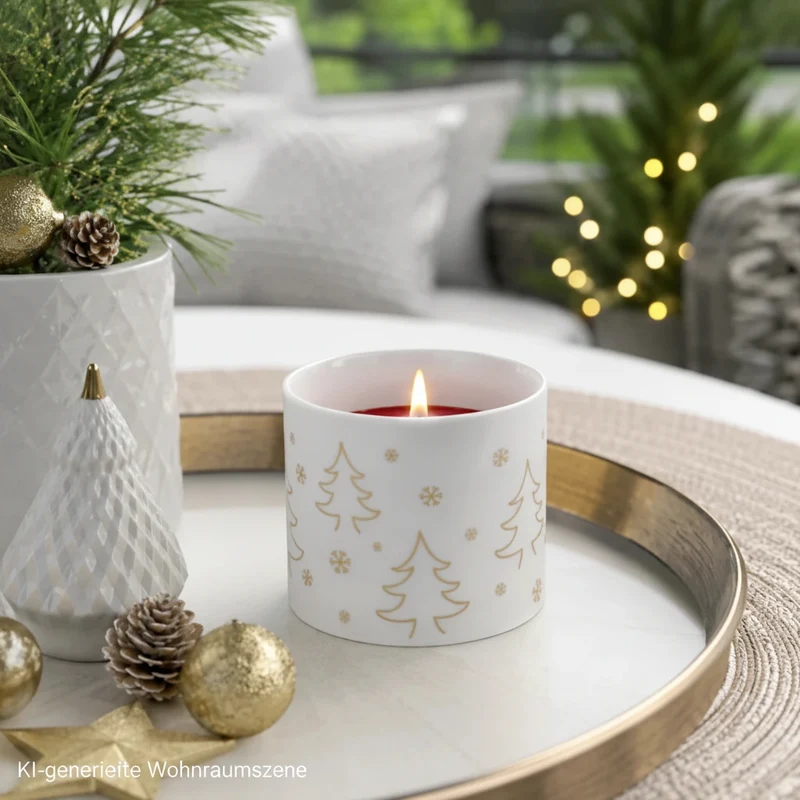 Teelichtglas Weihnachten Porzellan Tree – Weiß – Teelichthalter mit Tannenbaum-Motiv