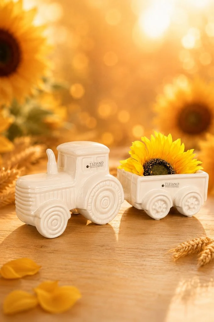 Traktor m.Anhänger Marradi 29cm creme-weiß