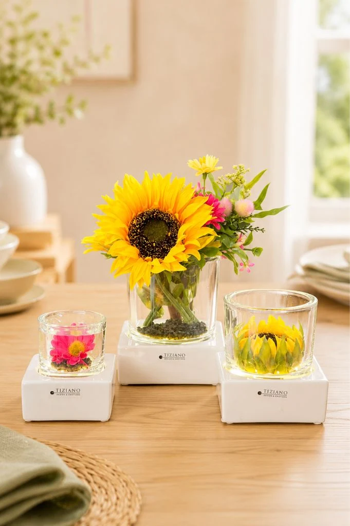 Dekoset Tischlicht Mantova LED mit Sonnenblumen+Blumen