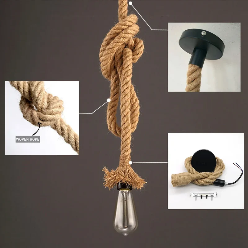 Vintage Hanfseil Pendelleuchte Industrial für Esszimmer und Wohnzimmer Rustikal